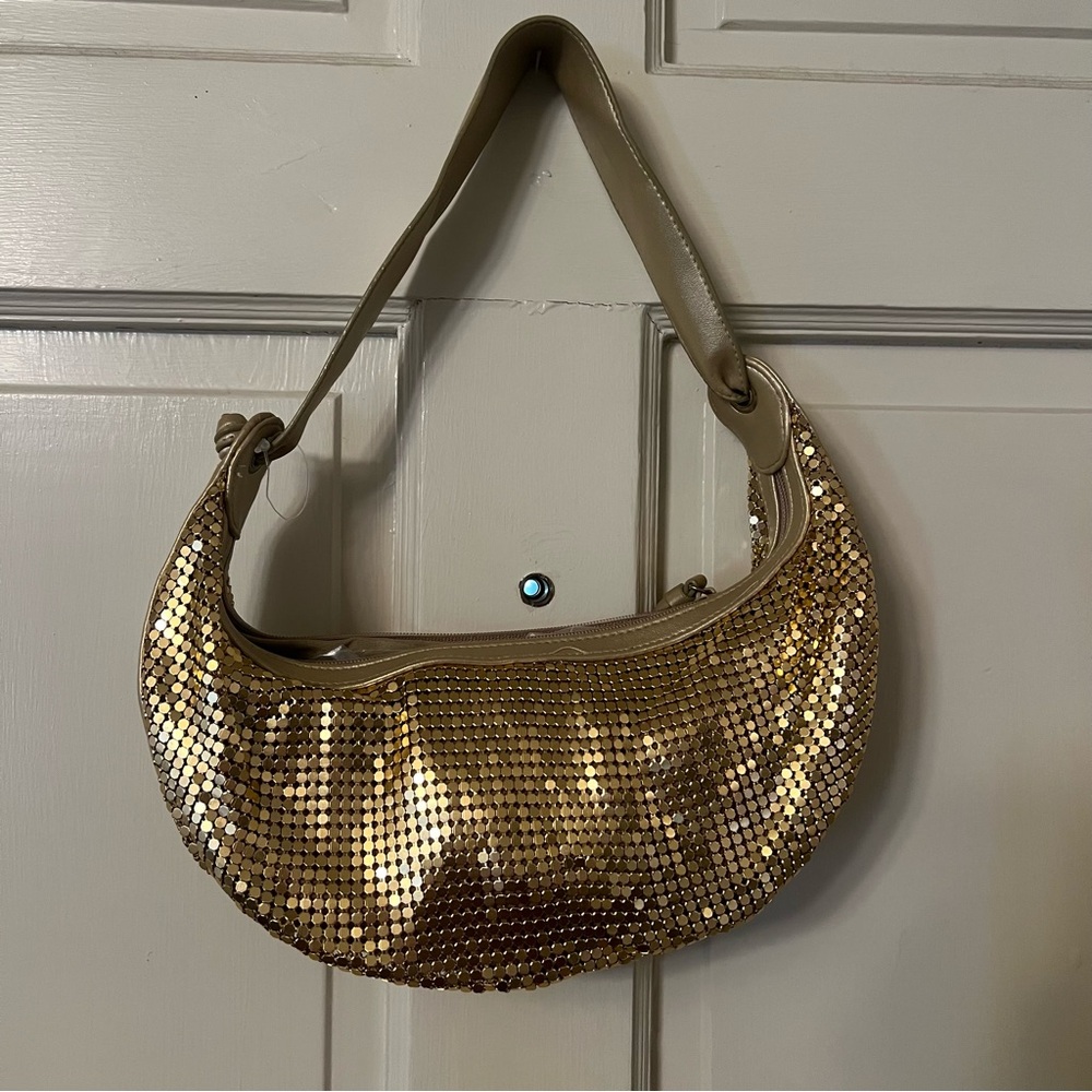 Dead stock Y2K 2000’s metallic gold chain mail mirrored mini crescent bag